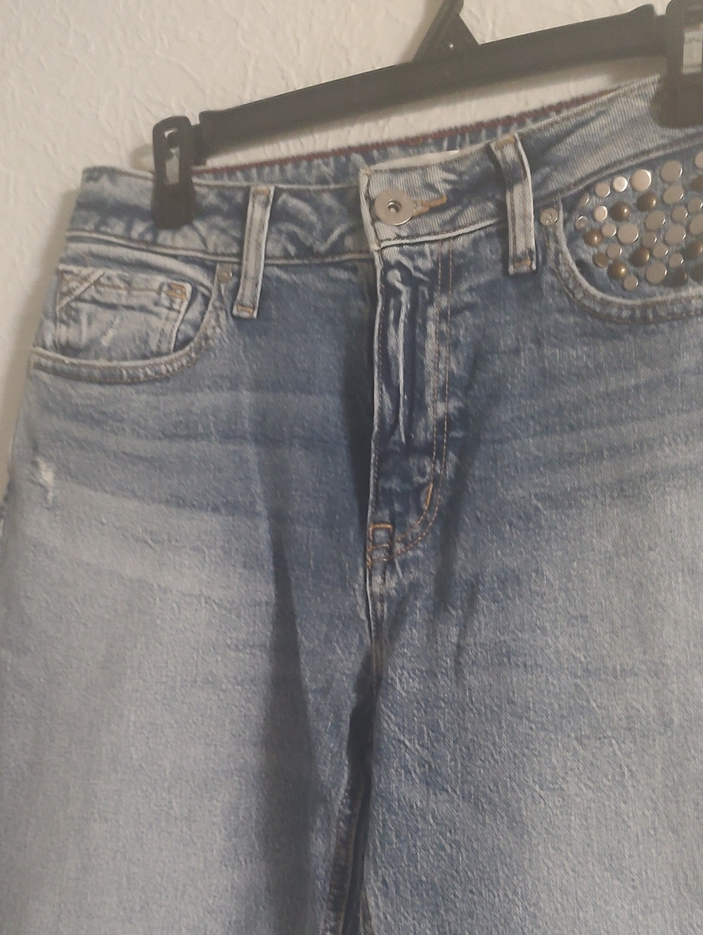 Straight-Leg Light Blue Washed Jeans with Studded Detail